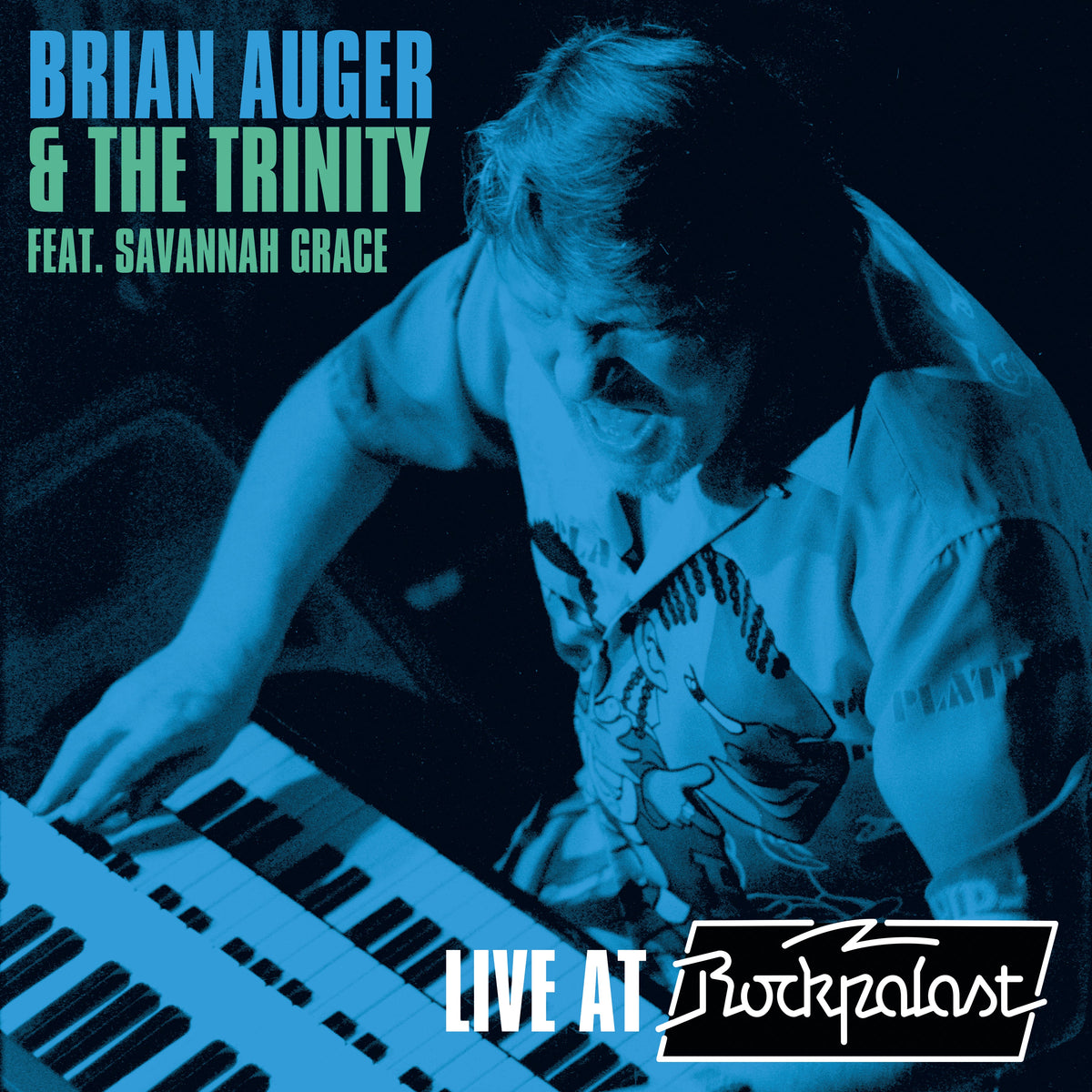 Brian Auger at a keyboard, album cover for "Live at Rockpalast.