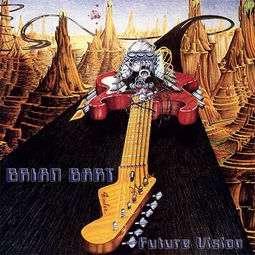 CD cover: robotic figure with guitar in a fantastical, spired landscape.