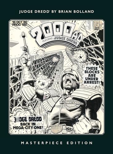 Black and white comic book cover art featuring Judge Dredd shouting in Mega-City One.