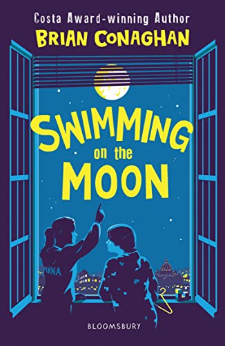 Book cover: children looking at a bright moon through open window.