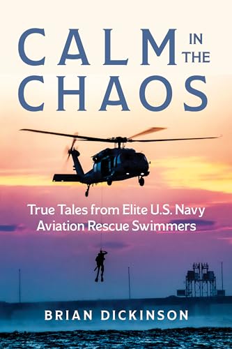 Book cover: Navy helicopter, rescue swimmer descending, sunset background.