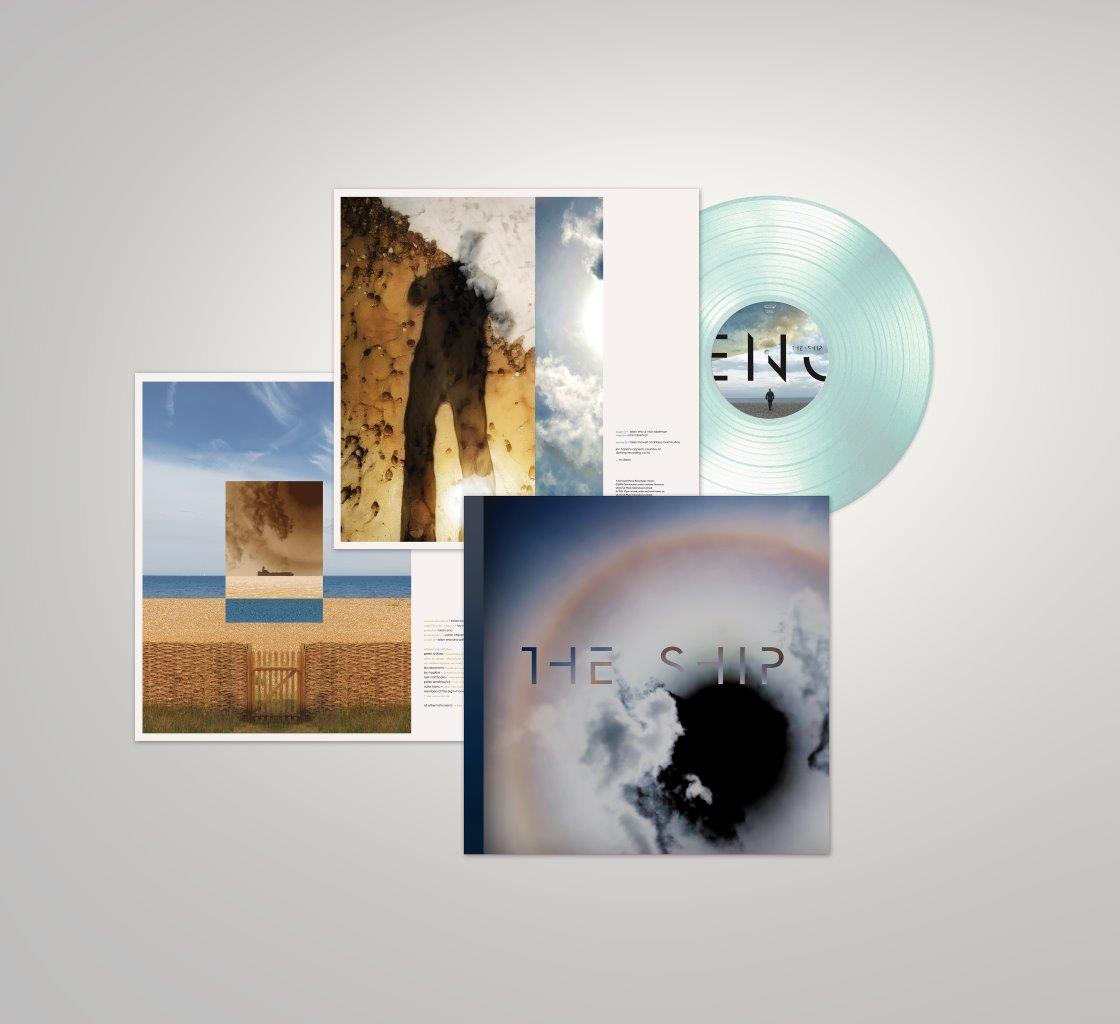 Brian Eno The Ship vinyl record with album art and translucent green vinyl disc.