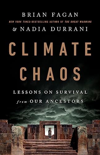 Book cover: "Climate Chaos" with ancient ruins and stormy sky.