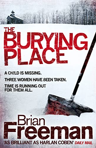 Book cover: “The Burying Place” with red text, snow, and a shovel.