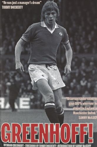 Black and white photo of footballer Brian Greenhoff, book cover "Greenhoff!".