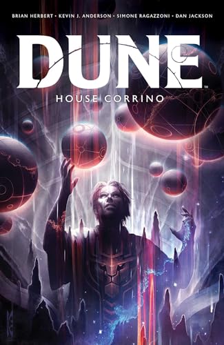 A person stands beneath glowing floating spheres on the cover of Dune House Corrino.