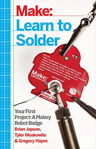 Book cover titled Learn to Solder showing a soldering iron on a robot badge.