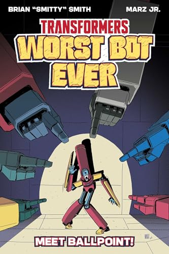 A small, panicked robot stands in a spotlight surrounded by large, pointing robotic hands.