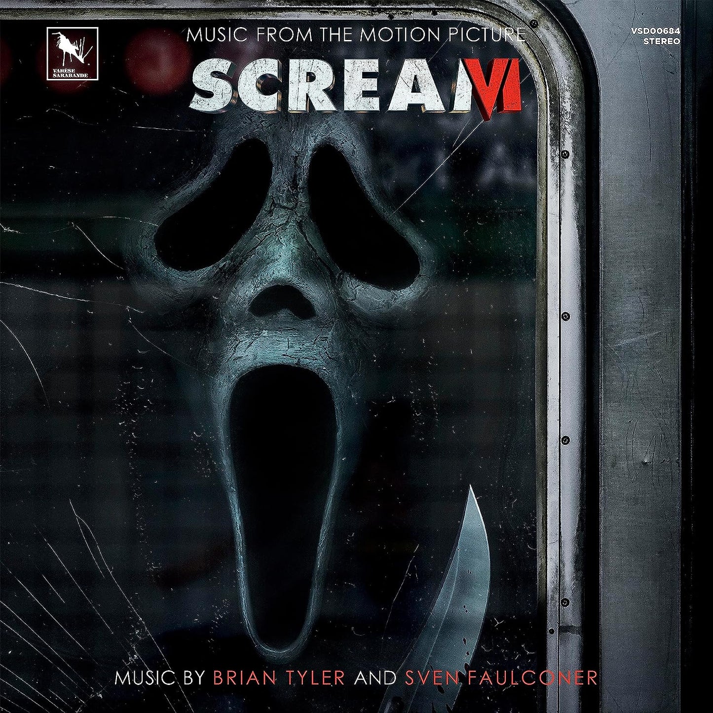 Scream VI soundtrack CD cover featuring the Ghostface mask behind cracked glass.