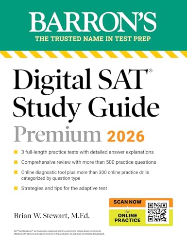 Barron's Digital SAT Study Guide Premium 2026 cover with yellow and blue accents.