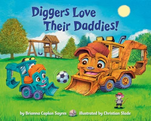 Children’s book cover featuring two smiling cartoon construction diggers and a boy.