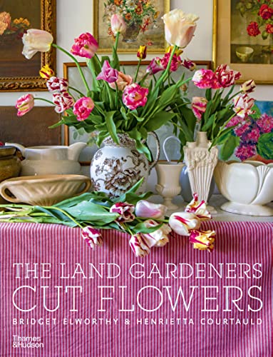Book cover featuring cut flowers in vases, titled “The Land Gardeners”.