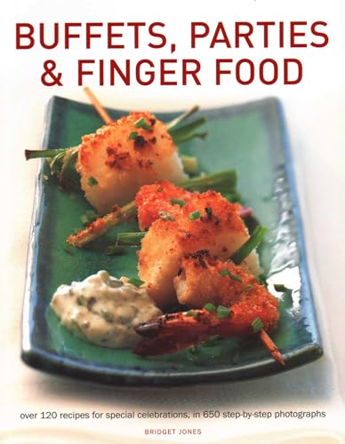 Cookbook cover featuring shrimp skewers and text: “Buffets, Parties & Finger Food.”