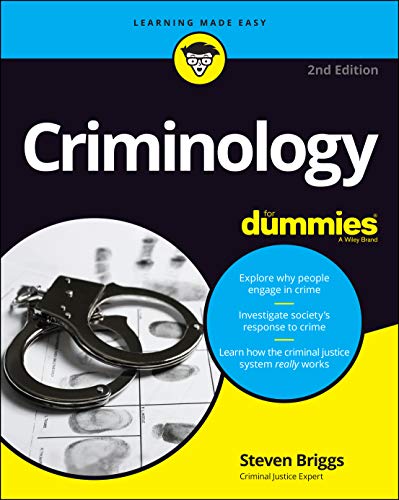 Book cover for “Criminology For Dummies,” featuring handcuffs and fingerprints.