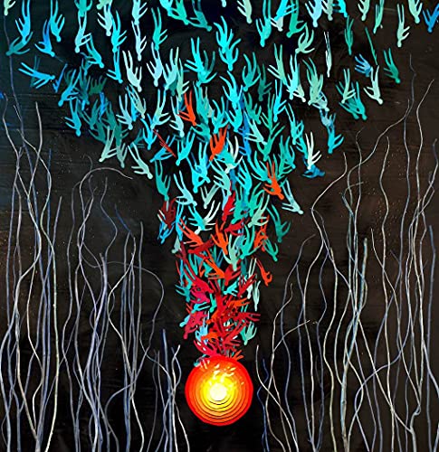 Album cover with blue and red bird-like shapes over dark branches.