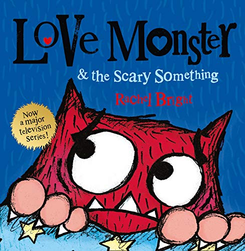 A red, furry monster with large eyes peeks over a blue background with stars.