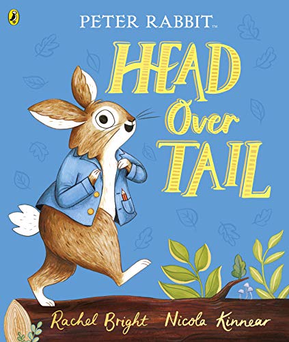 Peter Rabbit in a blue jacket stands on a tree trunk.