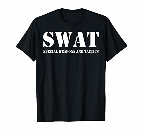 Black t-shirt with white "SWAT SPECIAL WEAPONS AND TACTICS" text.
