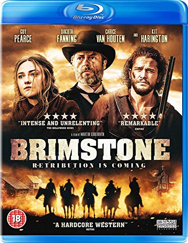 "Blu-ray case for 'Brimstone' with three actors and a western scene on the cover."