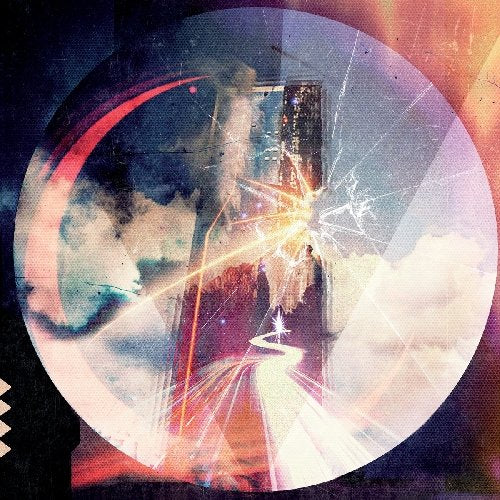 Abstract CD cover with a fractured circle, city, and fiery light trails.