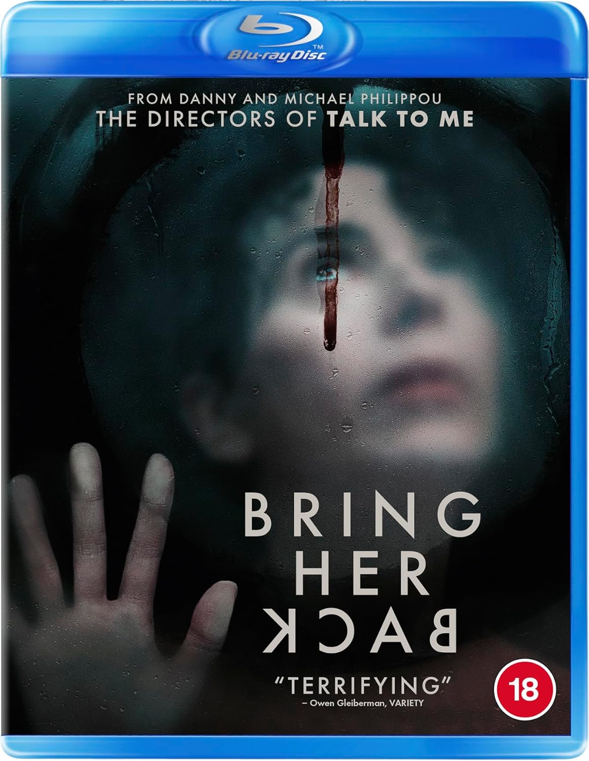 Blu-ray cover for horror film "Bring Her Back" with a distressed face.