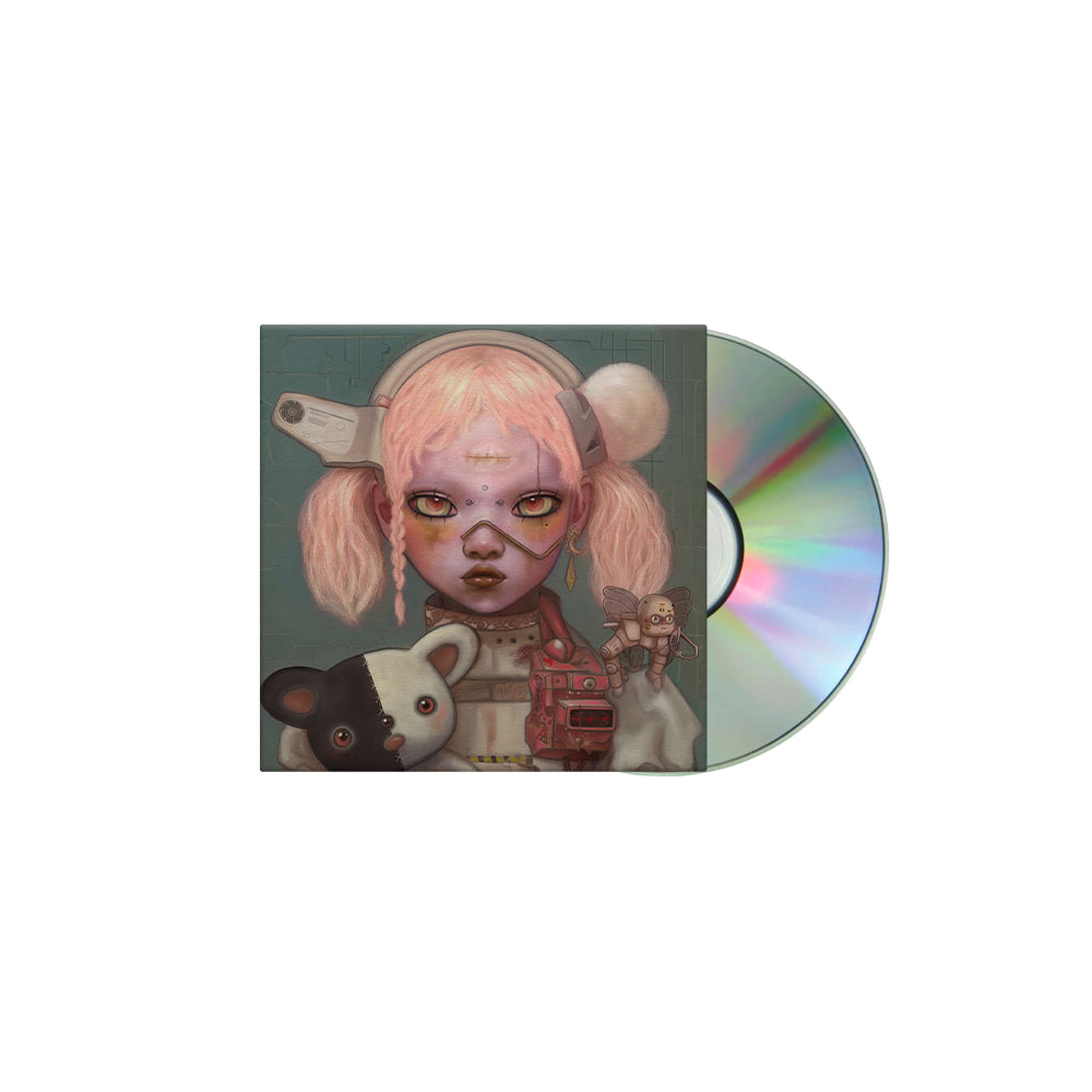 "CD case with a cartoon girl and animals, partially covering a silver CD."