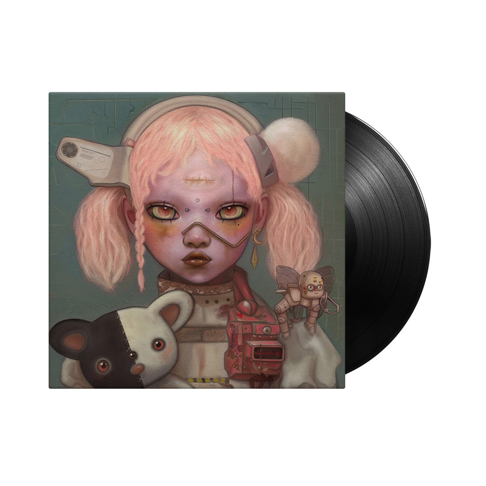 "Black vinyl record with cover art featuring a girl with pink pigtails and robotic elements."