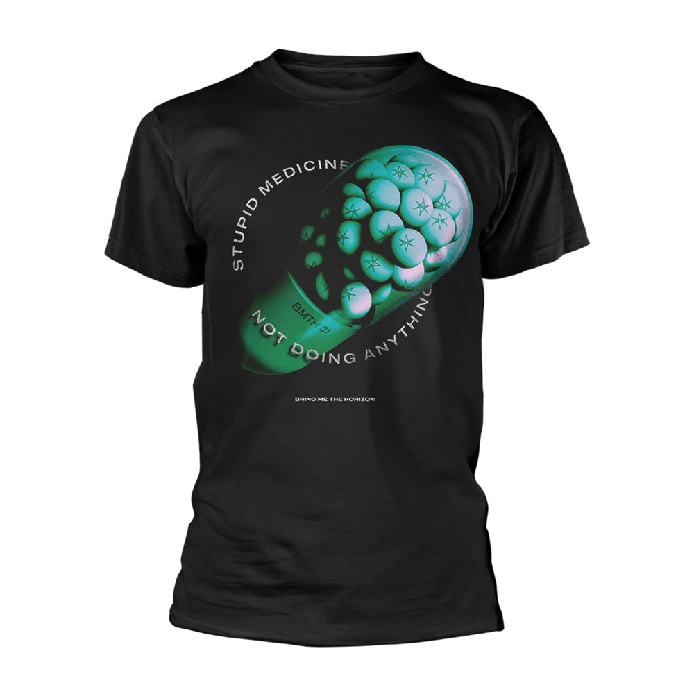 Black t-shirt with circular graphic featuring text and abstract design.