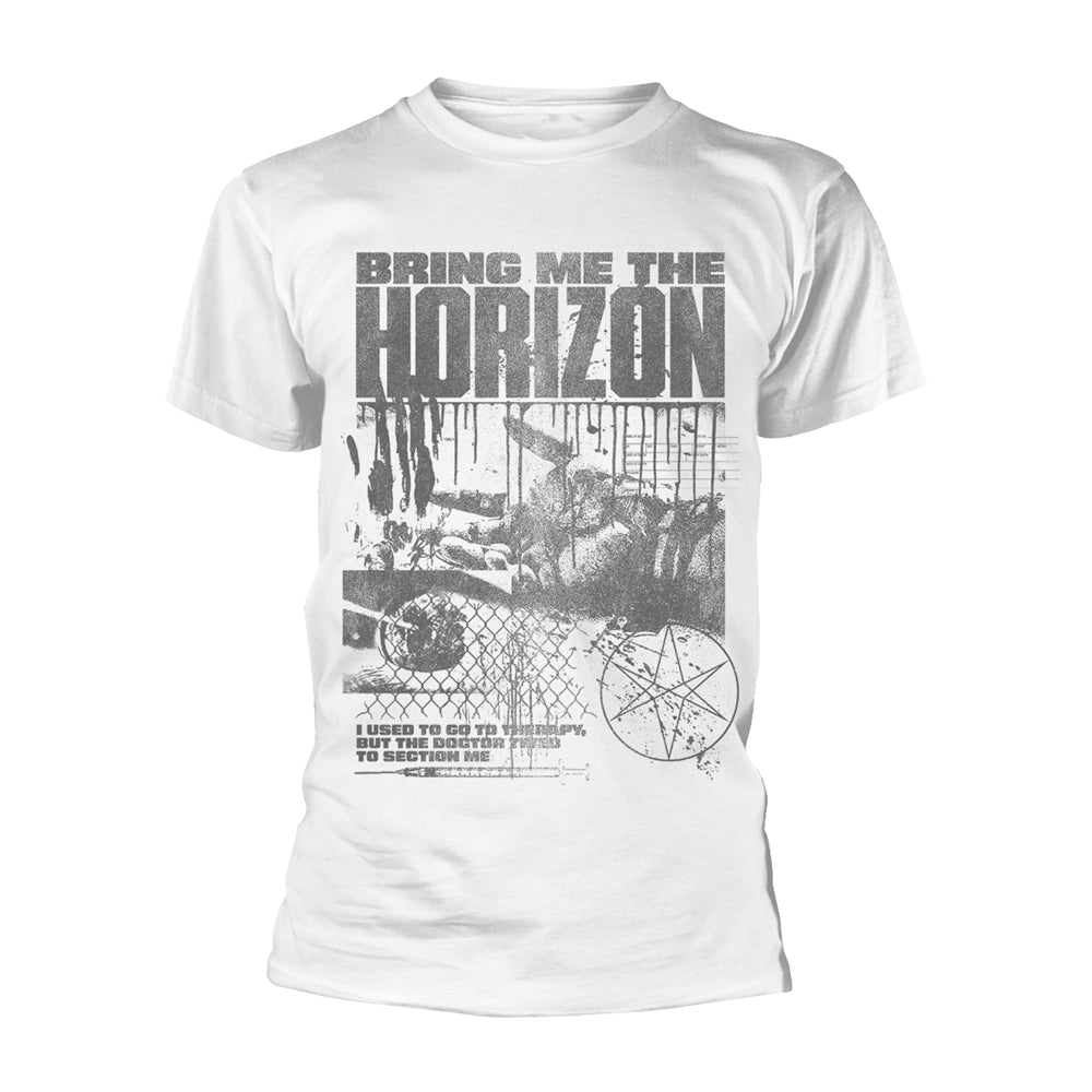 White t-shirt with "Bring Me The Horizon" text and distressed imagery.