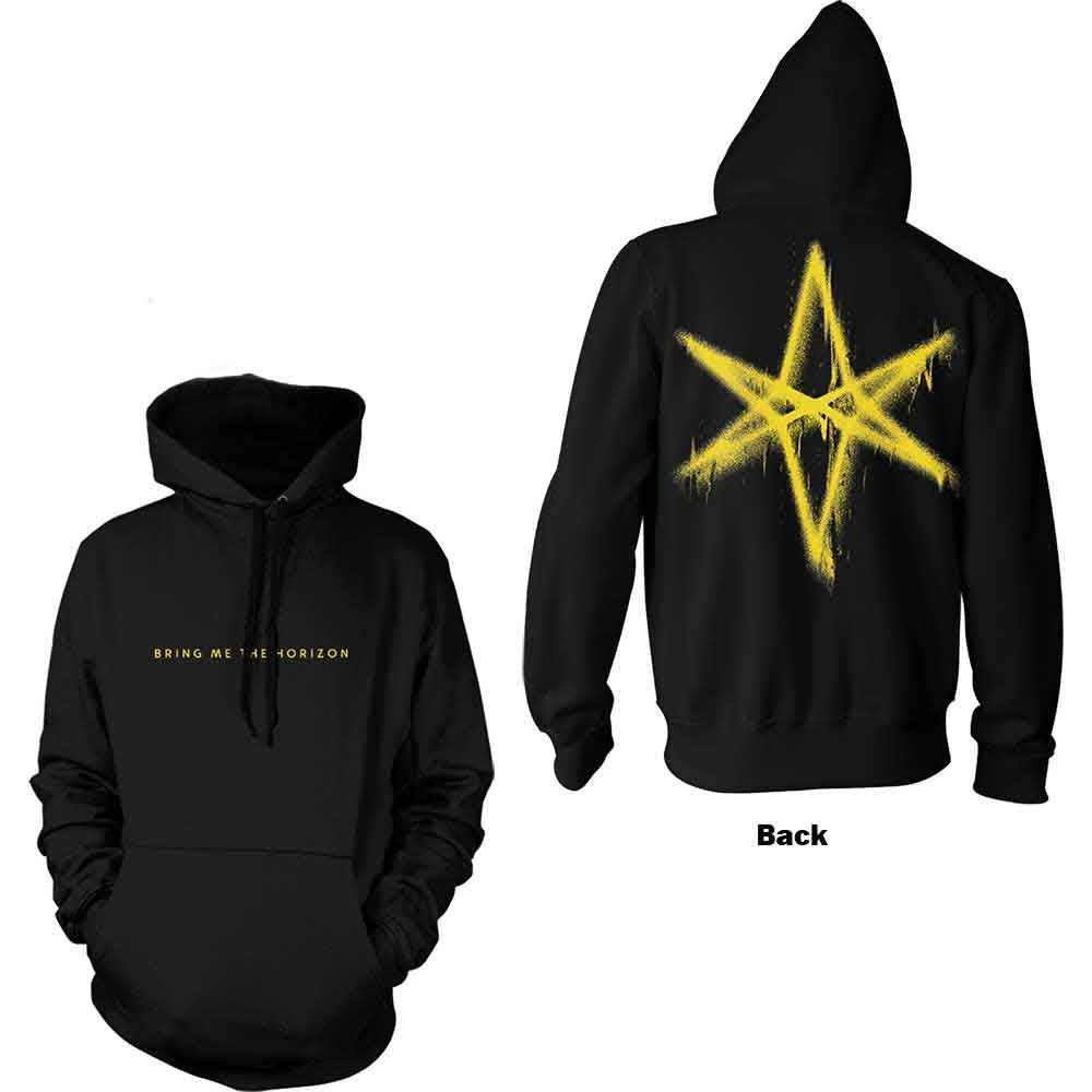 Black unisex pullover hoodie featuring a large graphic print on the back.