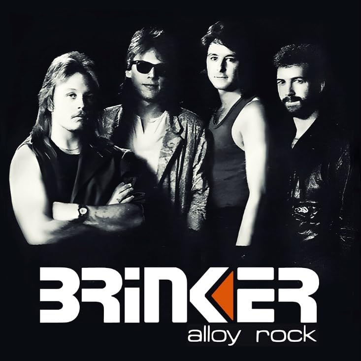 Black and white photo of four men, band name "Brinker" in white text.