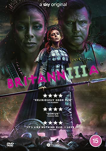 "BBC's 'Britannia' series 3 DVD cover featuring three characters in ancient attire."
