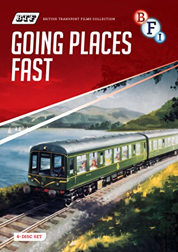 DVD cover for “Going Places Fast” featuring a green British train by a lake.