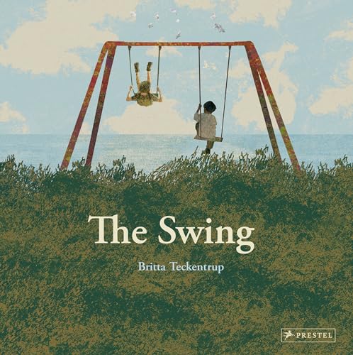 Two children on a swing set against a backdrop of sea and sky.