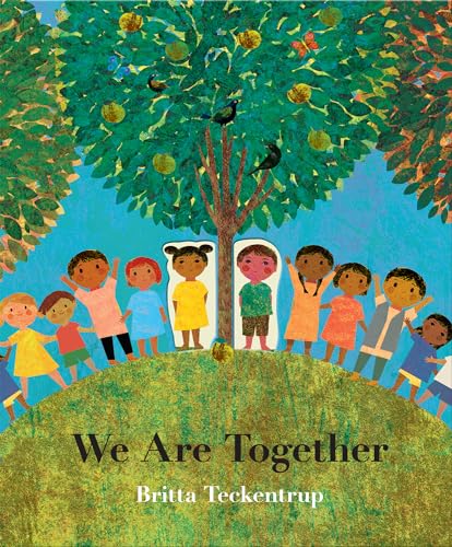 A group of diverse children holding hands in front of a large fruit tree.
