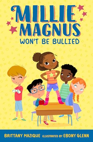 Book cover: Millie Magnus with classmates, yellow background, cartoon style.