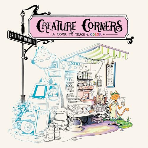 Line art book cover depicting a whimsical animal-run coffee shop scene.