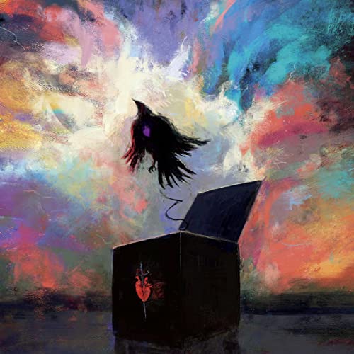 Painted image of a black bird rising from an open black box.
