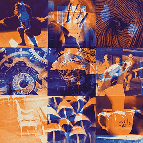 Collage of blue and orange images: figures, nature, and mechanical parts.