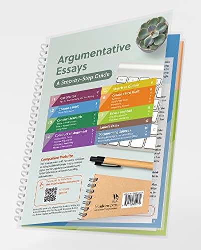 Spiral-bound book cover titled "Argumentative Essays: A Step-by-Step Guide" with pencil.