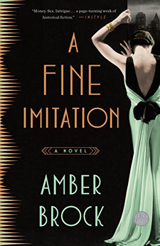 Book cover: “A Fine Imitation” by Amber Brock, woman in green dress.