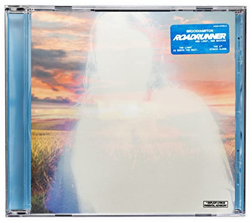 Brockhampton’s “Roadrunner” album cover with a blurred figure in a field.
