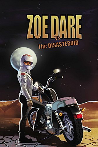 Woman in spacesuit on motorcycle facing a large moon and desert.