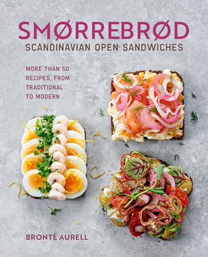 Book cover featuring three Scandinavian open sandwiches on a light gray stone background.