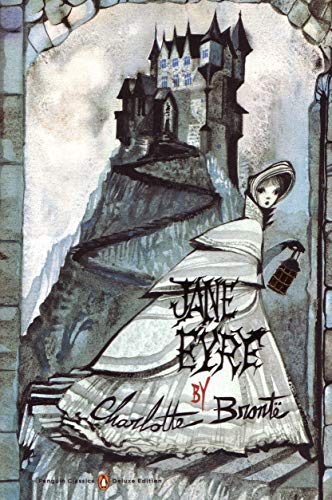 “Jane Eyre” book cover: a castle, a woman, and stylized text.