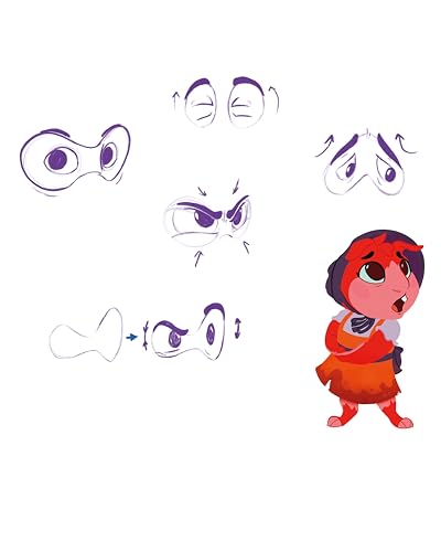 Character design sketches and a fully illustrated young girl in red.