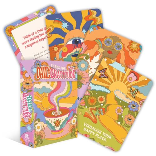 Stack of colorful gratitude cards with psychedelic floral and face designs.