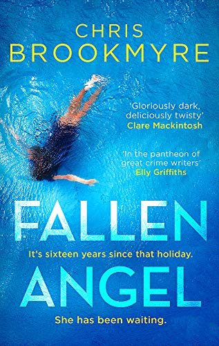 Book cover: woman submerged in blue water, title “Fallen Angel”.