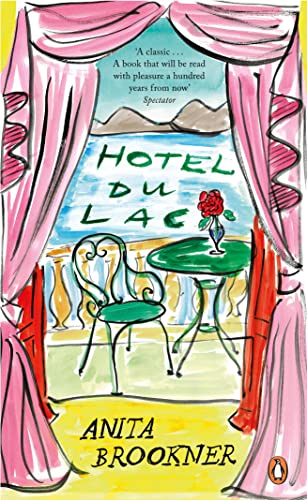 Book cover for “Hotel du Lac” with illustrated lakeside scene and pink curtains.