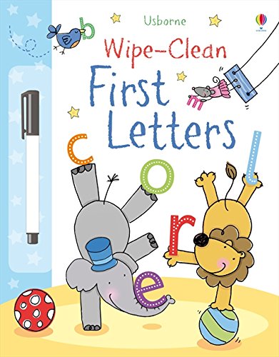 Usborne "First Letters" wipe-clean book with colorful animal illustrations and letters.